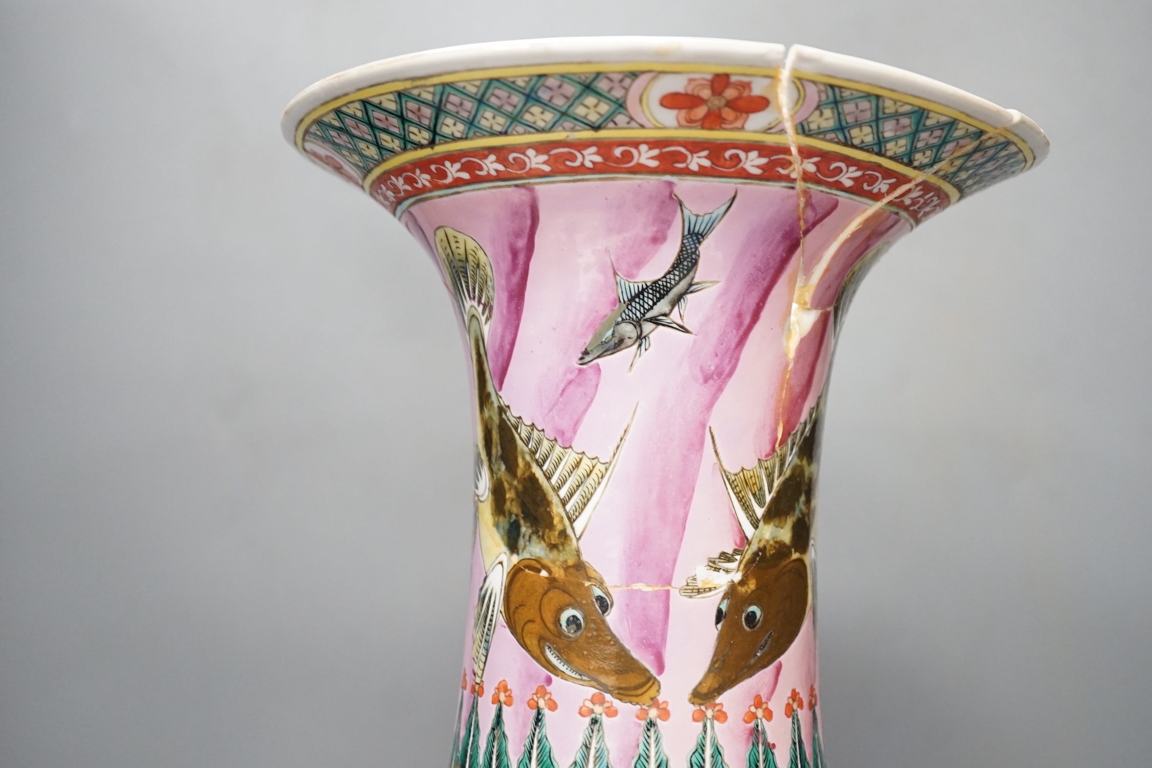 A 19th century Chinese famille rose 'fish' yen-yen vase, apocryphal Kangxi mark to base, a.f., 46cm